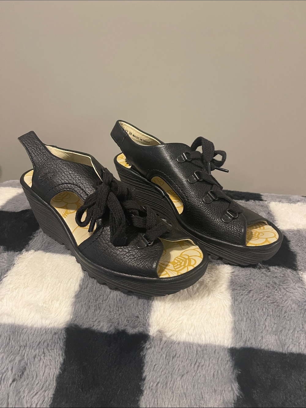Fly London Black Lace-Up Leather Wedge Sandals